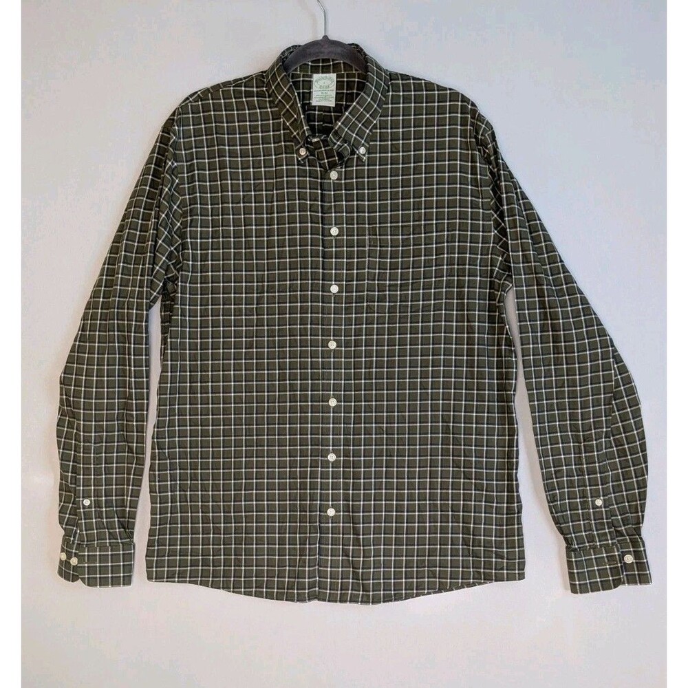 Brooks Brothers Men's Large Slim Suprima Non-Iron Long Sleeve Checkered Green